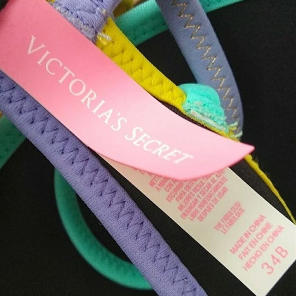 VICTORIA'S SECRET Black + Pastel Straps The Fabulous Push Up Bikini Top 34B - Picture 8 of 8